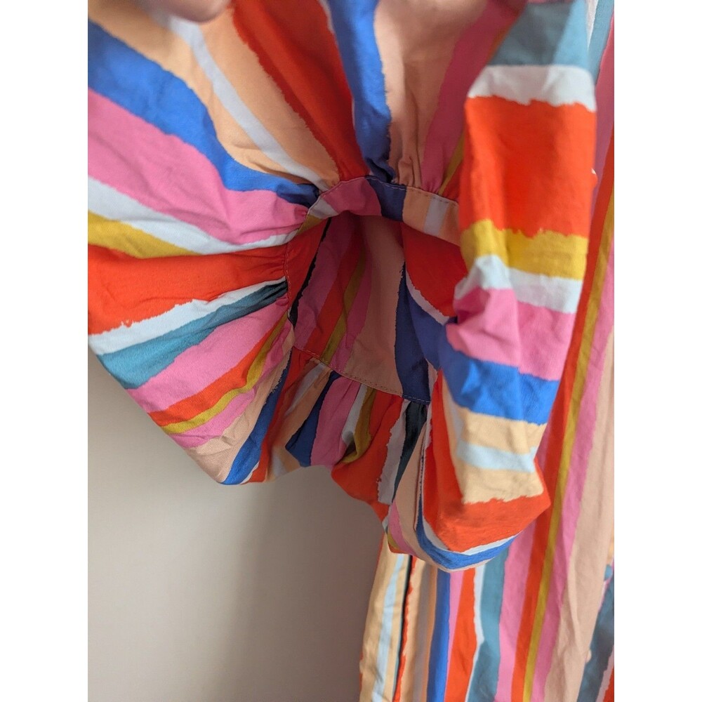 FATE Rainbow Stripe Balloon Sleeve A-line Dress Cotton Mini S Colorful Boho Fun - Picture 6 of 14